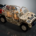 Military Vehicle Camouflage Patterned Open Top Design With Brown Seats Large Tires And Equipment