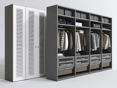 Modern Wardrobes Featuring Striped Doors Open Storage Drawers And Hanging Clothing 3d model