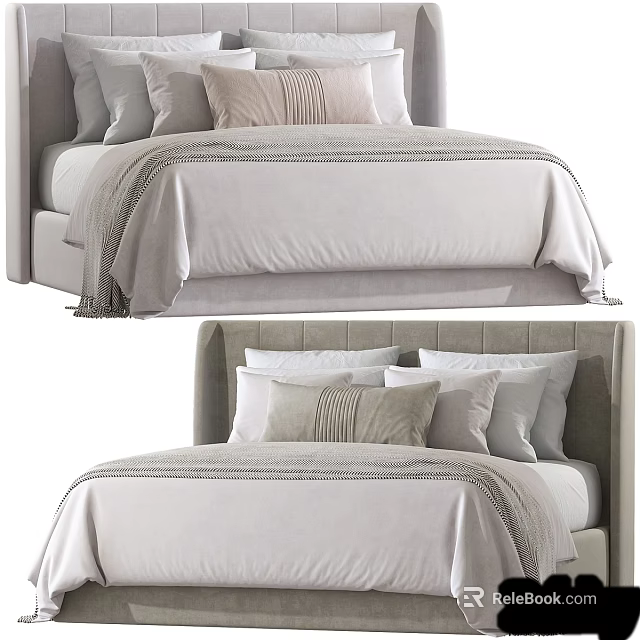 Stylish Bed Interior Design With Light Gray Headboard White Sheets And Multiple Pillows 3d model