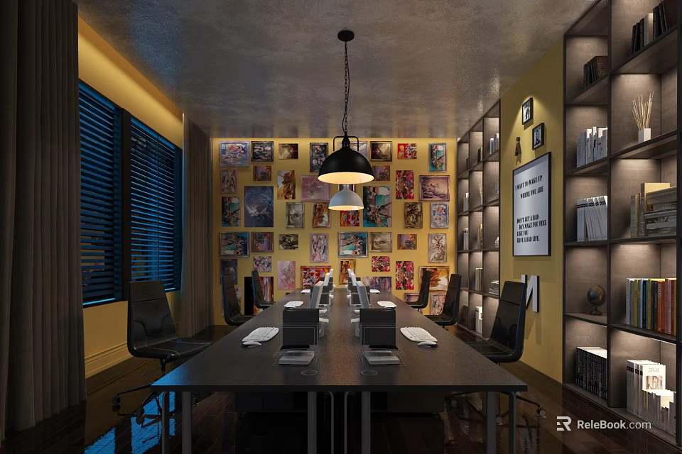 Modern Public Office Space Interior With Long Table Chairs Bookshelves And Wall Art Decor 3d model 