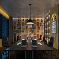 Modern Public Office Space Interior With Long Table Chairs Bookshelves And Wall Art Decor