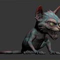 Fantasy Feline Creature With Vibrant Teal Pink Fur Red Ears Fierce Expression Sharp Claws Fangs