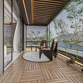Modern Home Balcony Space With Wooden Deck Outdoor Chairs Round Rug And Potted Plants