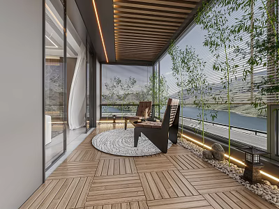 Modern Home Balcony Space With Wooden Deck Outdoor Chairs Round Rug And Potted Plants 3d model