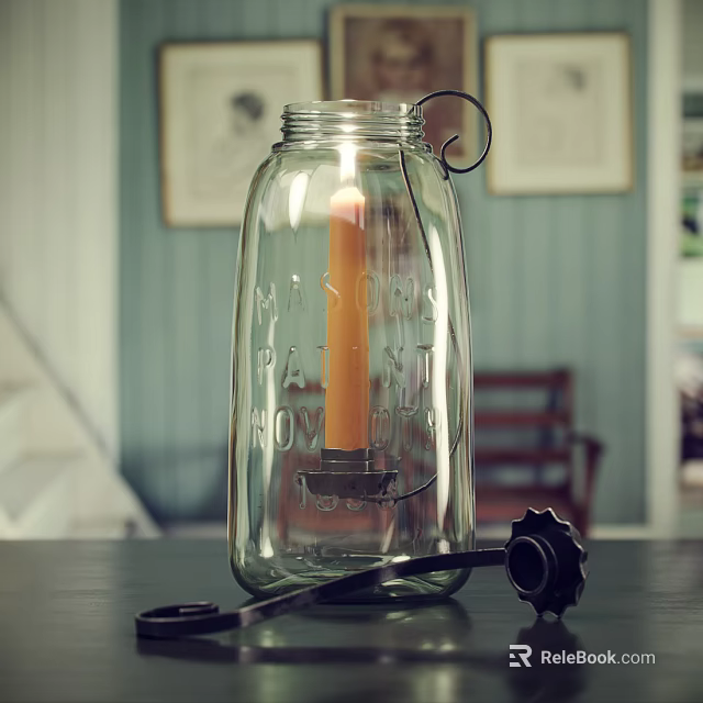 Glass Jar Candle Lamp With Lit Candle And Engraved Text On Blue Wall Background 3d model 