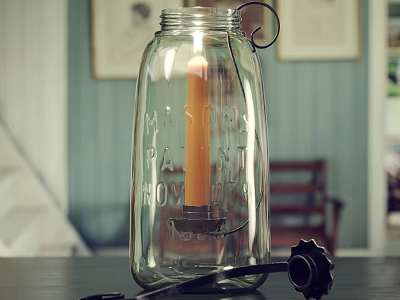 Glass Jar Candle Lamp With Lit Candle And Engraved Text On Blue Wall Background 3d model
