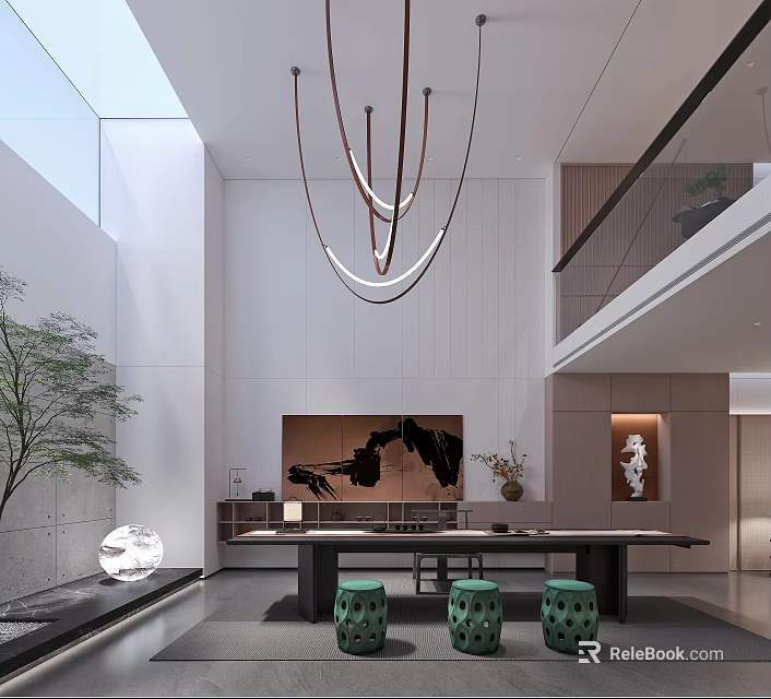 Modern Basement Interior With High Ceiling Chandelier And Art Decor 3d model 