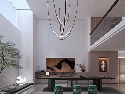 Modern Basement Interior With High Ceiling Chandelier And Art Decor 3d model