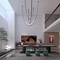 Modern Basement Interior With High Ceiling Chandelier And Art Decor 3d model