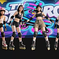 Women Wearing Roller Skates Helmets And Protective Gear On Colorful Graffiti Background