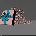 Pink Gift Box With Blue Bow And Scattered Pink Flower Petals