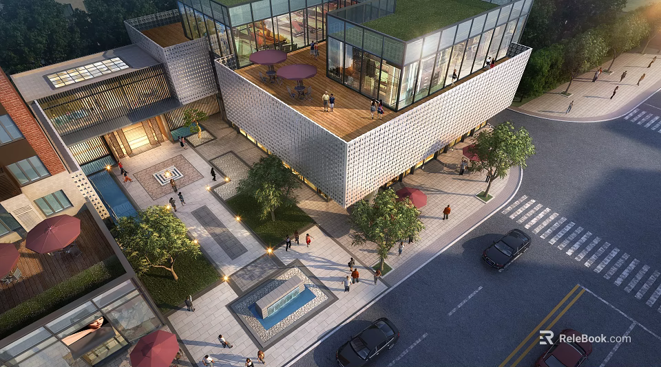 Aerial View Planning of Modern Commercial Plaza with Glass Buildings Green Rooftops and Pedestrian Areas 3d model 