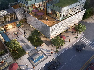 Aerial View Planning of Modern Commercial Plaza with Glass Buildings Green Rooftops and Pedestrian Areas 3d model