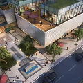 Aerial View Planning of Modern Commercial Plaza with Glass Buildings Green Rooftops and Pedestrian Areas