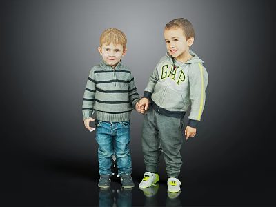 Two Little Boys Holding Hands In Casual Outfits 3d model