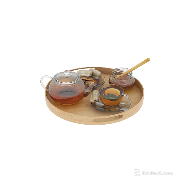 Glass Teapot And Teacups On Wooden Tray With Tea Serving Set And Wooden Spoon 3d model 