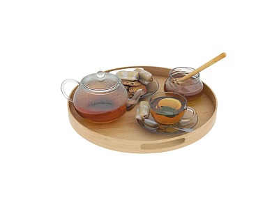 Glass Teapot And Teacups On Wooden Tray With Tea Serving Set And Wooden Spoon 3d model