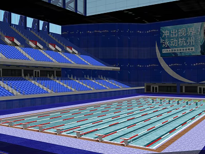 Hangzhou Modern Indoor Swimming Pool With Blue Spectator Seats And Multiple Lanes 3d model