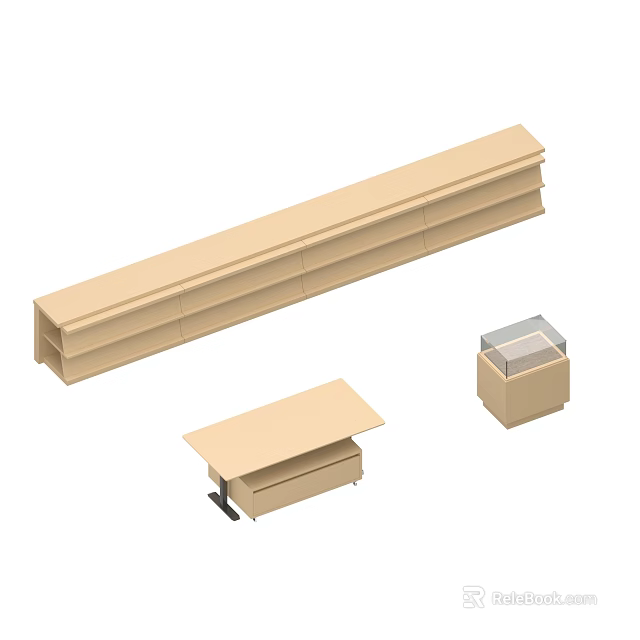 Light Brown Construction Components Including Long Strip Platform And Transparent Cube 3d model