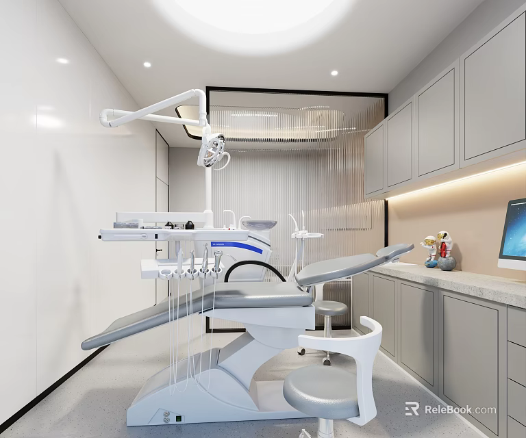 Elegant Modern Dental Clinic Interior With Treatment Chair Equipment And Cabinets 3d model 