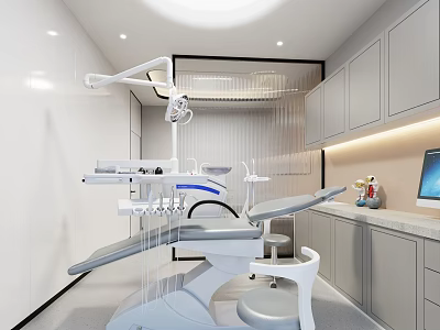 Elegant Modern Dental Clinic Interior With Treatment Chair Equipment And Cabinets 3d model