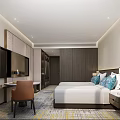 Modern Hotel Room Interior With Flat Screen TV Decorative Carpet And Wooden Cabinets