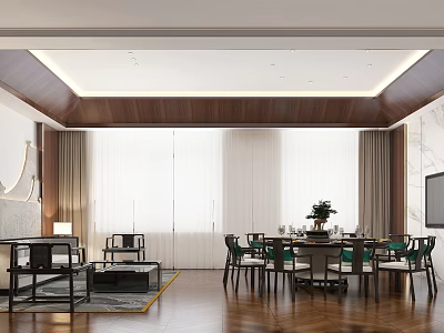 Elegant Chinese Style Private Room With Large Windows And Furniture 3d model