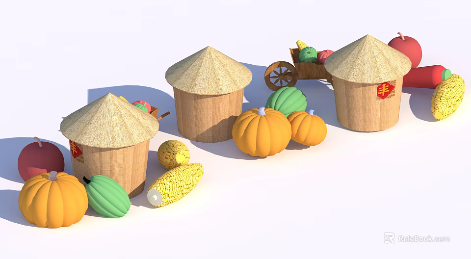 Farmhouse Decorative Ornament Set With Straw Roofed Buckets Featuring Fu Character Pumpkins Corn And Cart 3d model 