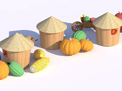 Farmhouse Decorative Ornament Set With Straw Roofed Buckets Featuring Fu Character Pumpkins Corn And Cart 3d model