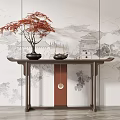 Traditional Chinese Console Table with Red Maple Bonsai Teapot and Decor Against Landscape Screen