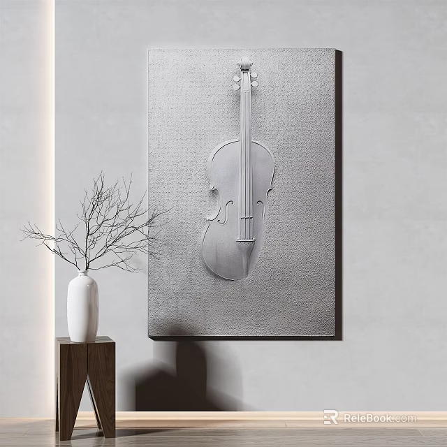 Silver Cello Relief Wall Art With White Vase And Wooden Table Decor 3d model 