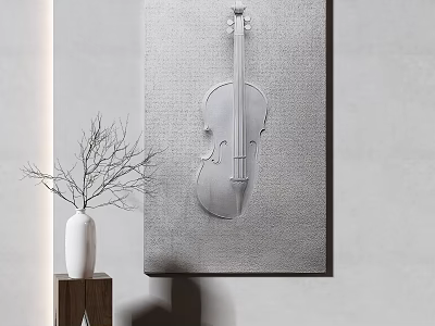 Silver Cello Relief Wall Art With White Vase And Wooden Table Decor 3d model
