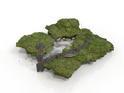 Wood And Stone Structures Surrounded By Green Vegetation With Central Water Area 3d model