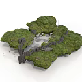 Wood And Stone Structures Surrounded By Green Vegetation With Central Water Area