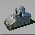 Traditional Church Building With Blue Domes White Walls Bell Tower And Arched Windows On Grass