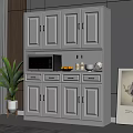 Modern White Sideboard Cabinet With Microwave Storage Drawers Bottles Lemons And Decorative Plants