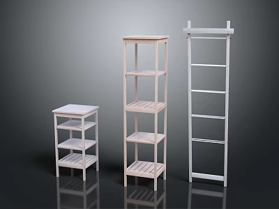 Wooden and Metal Storage Shelves with Multi Tier Design and Ladder Style Structure 3d model