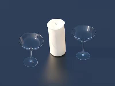 White Candle And Two Clear Stemmed Wine Glasses On Dark Surface 3d model