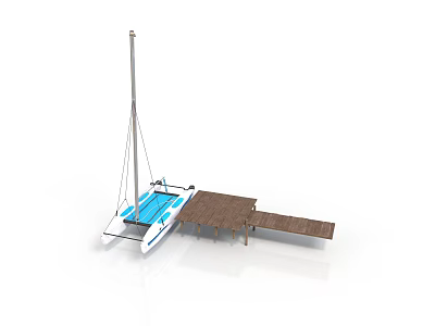 White Catamaran With Blue Deck Moored At Wooden Dock With Mast 3d model