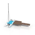 White Catamaran With Blue Deck Moored At Wooden Dock With Mast