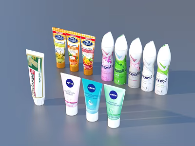 Various Personal Care Household Products With Colorful Tubes And Bottles 3d model