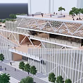 Modern Urban Building With Unique Geometric Design Surrounded By Trees And Pedestrians