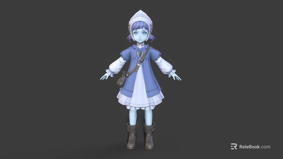 Fantasy Character With Blue Hair White Hood Blue Dress Brown Bag Boots And Creature Features 3d model 