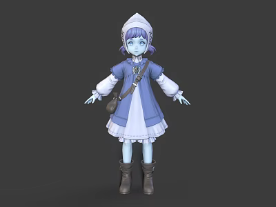 Fantasy Character With Blue Hair White Hood Blue Dress Brown Bag Boots And Creature Features 3d model