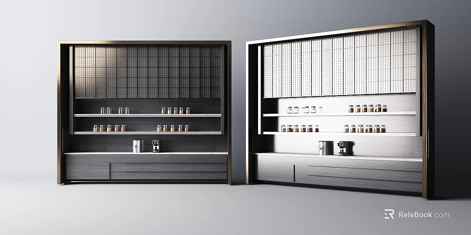 Modern Bar Interior Design With Gray White Shelves Storage And Glassware Drawers 3d model 