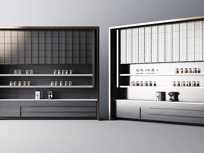 Modern Bar Interior Design With Gray White Shelves Storage And Glassware Drawers 3d model