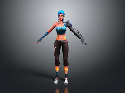 Blue Haired Female Character With Mechanical Arm Blue Top Black Pants And Sneakers 3d model