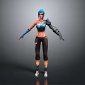 Blue Haired Female Character With Mechanical Arm Blue Top Black Pants And Sneakers