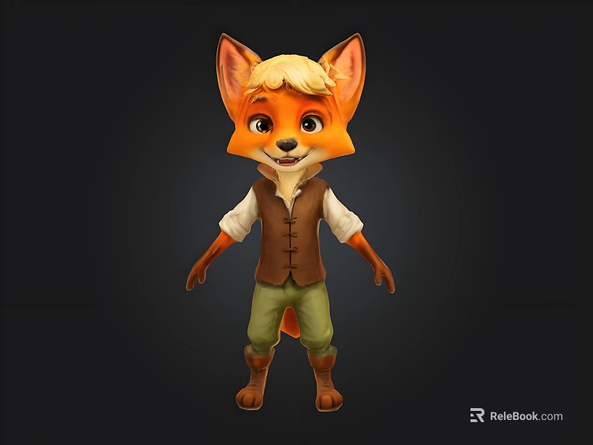 Cute Animated Cartoon Fox 3D Model With Brown Vest And Green Pants 3d model 