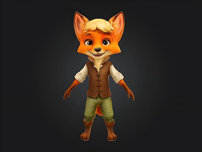 Cute Animated Cartoon Fox 3D Model With Brown Vest And Green Pants 3d model